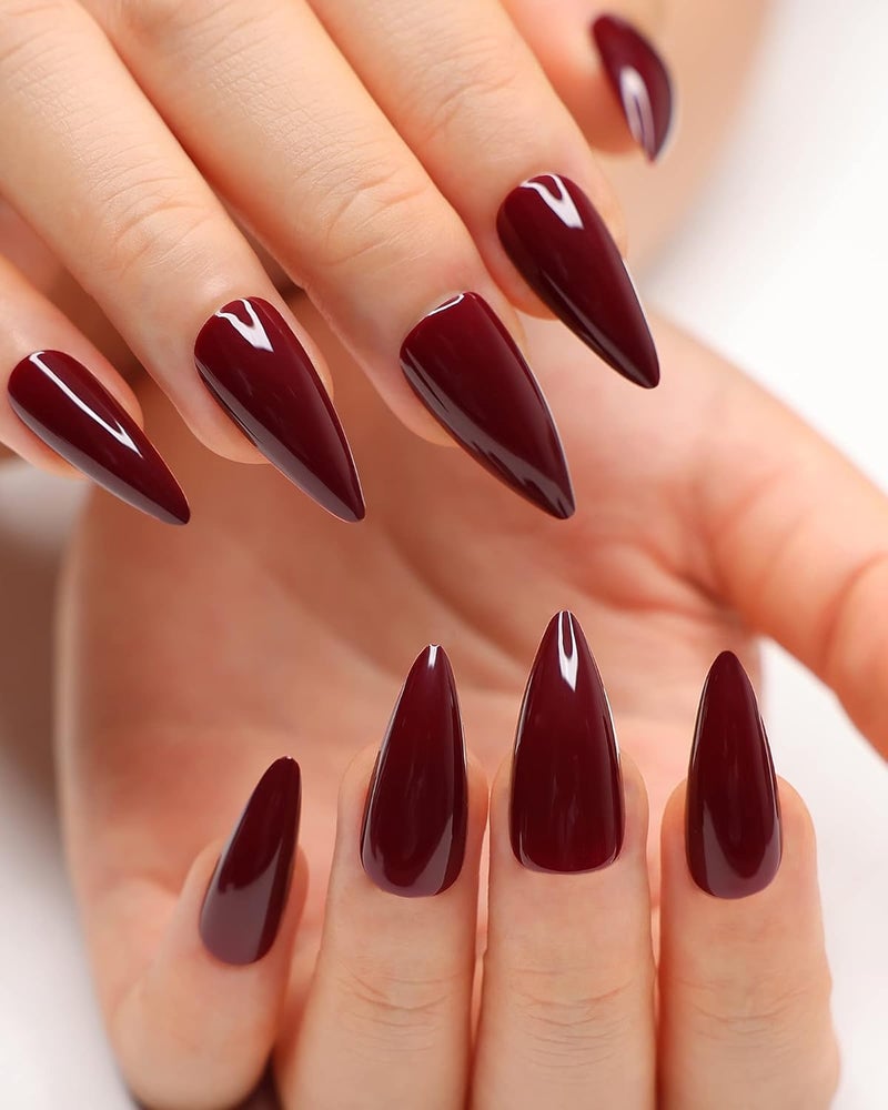 morily 24Pcs Wine Red Press on Nails Medium Length Stiletto False Nails Long Fake nails Glossy Acrylic Stick on Nails Solid Color Almond Full Cover Artificial Nails for Women (Wine Red) - Image 1